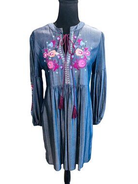 Umgee Babydoll Womens S Blue Embroidered Boho Cottage Demin Dress Balloon Slv
